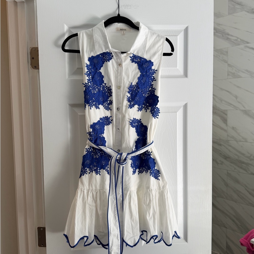 Sleeveless White Mini Dress with Royal Blue Lace Accents